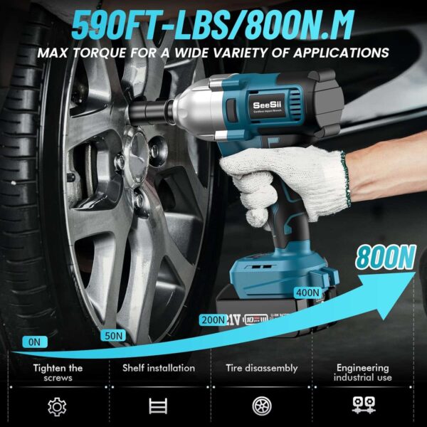 Seesii Cordless Electric Impact Wrench 1/2 inch for Car Home, 580Ft-lbs(800N.m) Brushless - Image 5