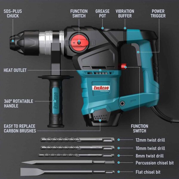 ENEACRO 1-1/4 Inch SDS-Plus 12.5 Amp Heavy Duty Rotary Hammer Drill - Image 2