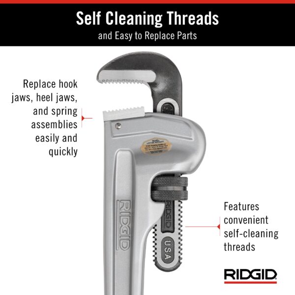 31105 Model 824 Aluminum Straight Pipe Wrench, 24-inch Plumbing Wrench, grey - Image 7
