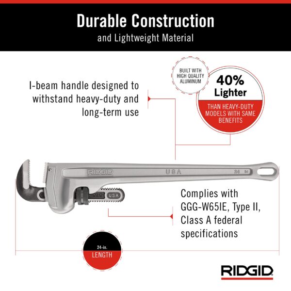31105 Model 824 Aluminum Straight Pipe Wrench, 24-inch Plumbing Wrench, grey - Image 9