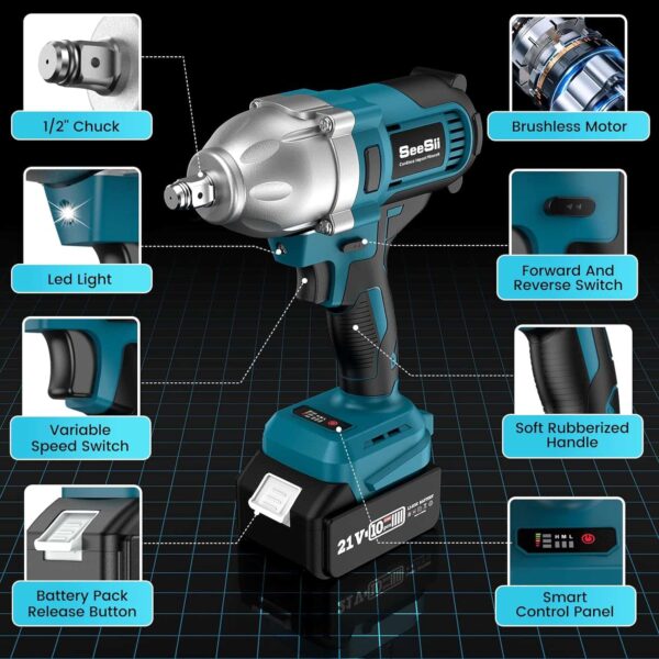 Seesii Cordless Electric Impact Wrench 1/2 inch for Car Home, 580Ft-lbs(800N.m) Brushless - Image 9