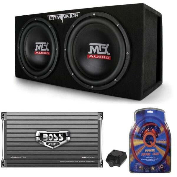 V 12 2000W Dual Loaded Car Subwoofers, Box,  2000W Amp & Kit