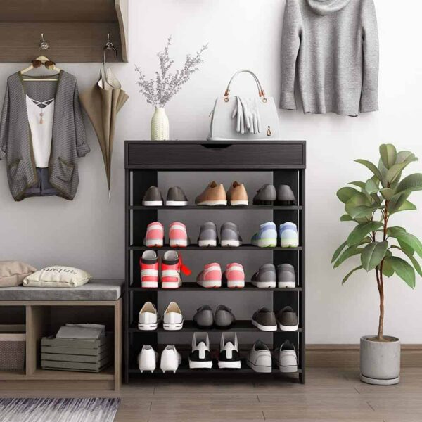 SogesPower Wooden Shoe Rack 5 Tier Shoe Storage Shelf Free Standing Shoe Organizer for Entryway, Hallway, Black - Image 2