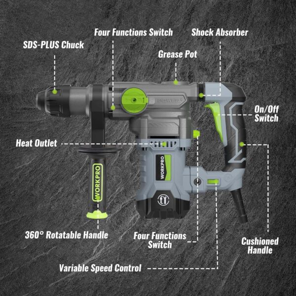 WORKPRO Premium 1-1/4 Inch SDS-Plus Rotary Hammer Drill - Image 3