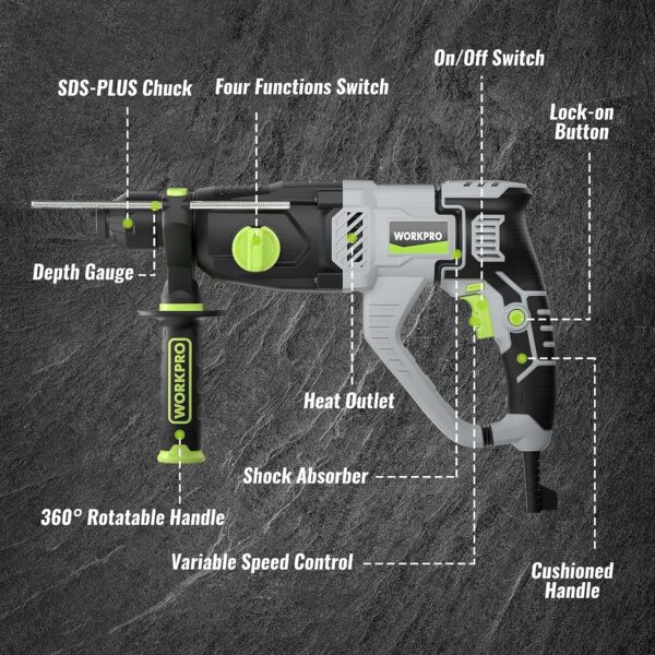 WORKPRO Premium 1-1/4 Inch SDS-Plus Rotary Hammer Drill, 7.5AMP - Image 5