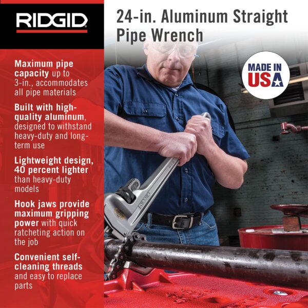 31105 Model 824 Aluminum Straight Pipe Wrench, 24-inch Plumbing Wrench, grey - Image 11