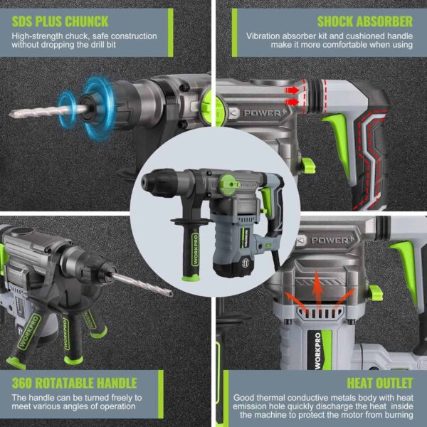 WORKPRO Premium 1-1/4 Inch SDS-Plus Rotary Hammer Drill - Image 6