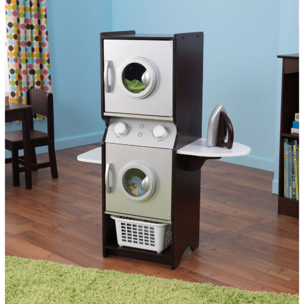 Wooden Laundry Play Set, Stacking Washer and Dryer with Iron and Basket, Espresso - Image 2