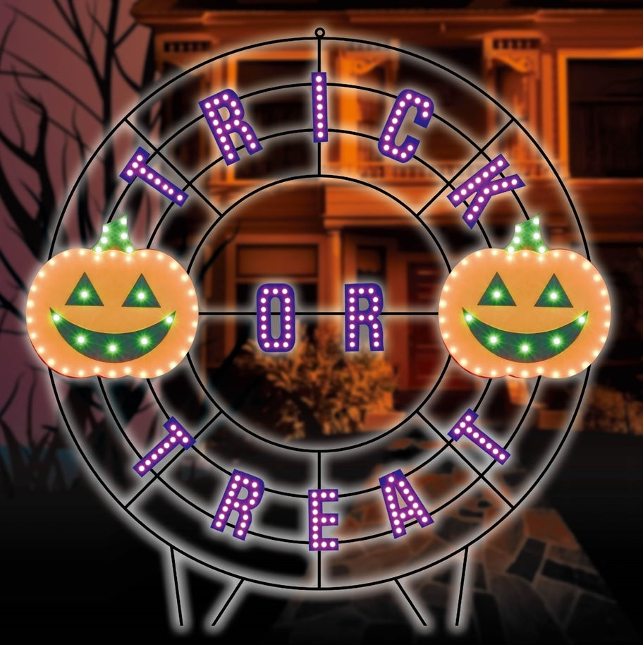40 Twinkling Trick or Treat Halloween Wreath with Jack-O-Lanterns