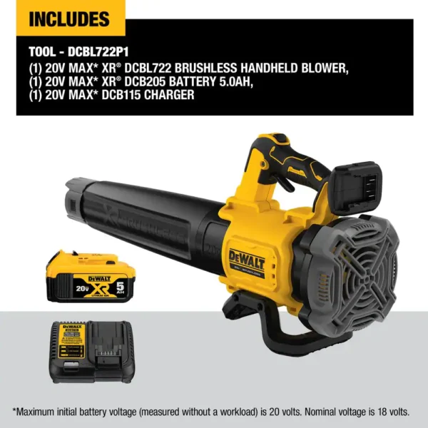 DCBL722P1 20V MAX 125 Mph 450 CFM Brushless Cordless Battery Powered Handheld Leaf Blower with (1) 5Ah Battery   Charger - Image 3