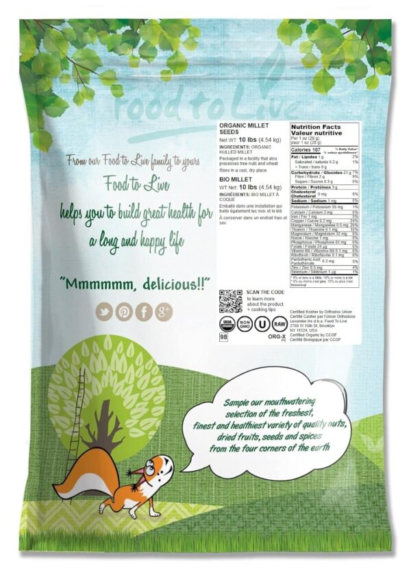 Food to Live Organic Hulled Millet, 10 Pounds – Whole Grain Seeds, Non-GMO, Kosher, Raw, Bulk, Product of the USA - Image 2
