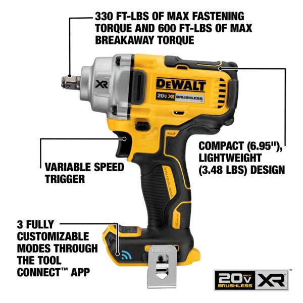DCF896HB 20V MAX XR Cordless Brushless 1/2 in. Mid-Range Impact Wrench with Hog Ring Anvil and Tool Connect (Tool Only) - Image 3