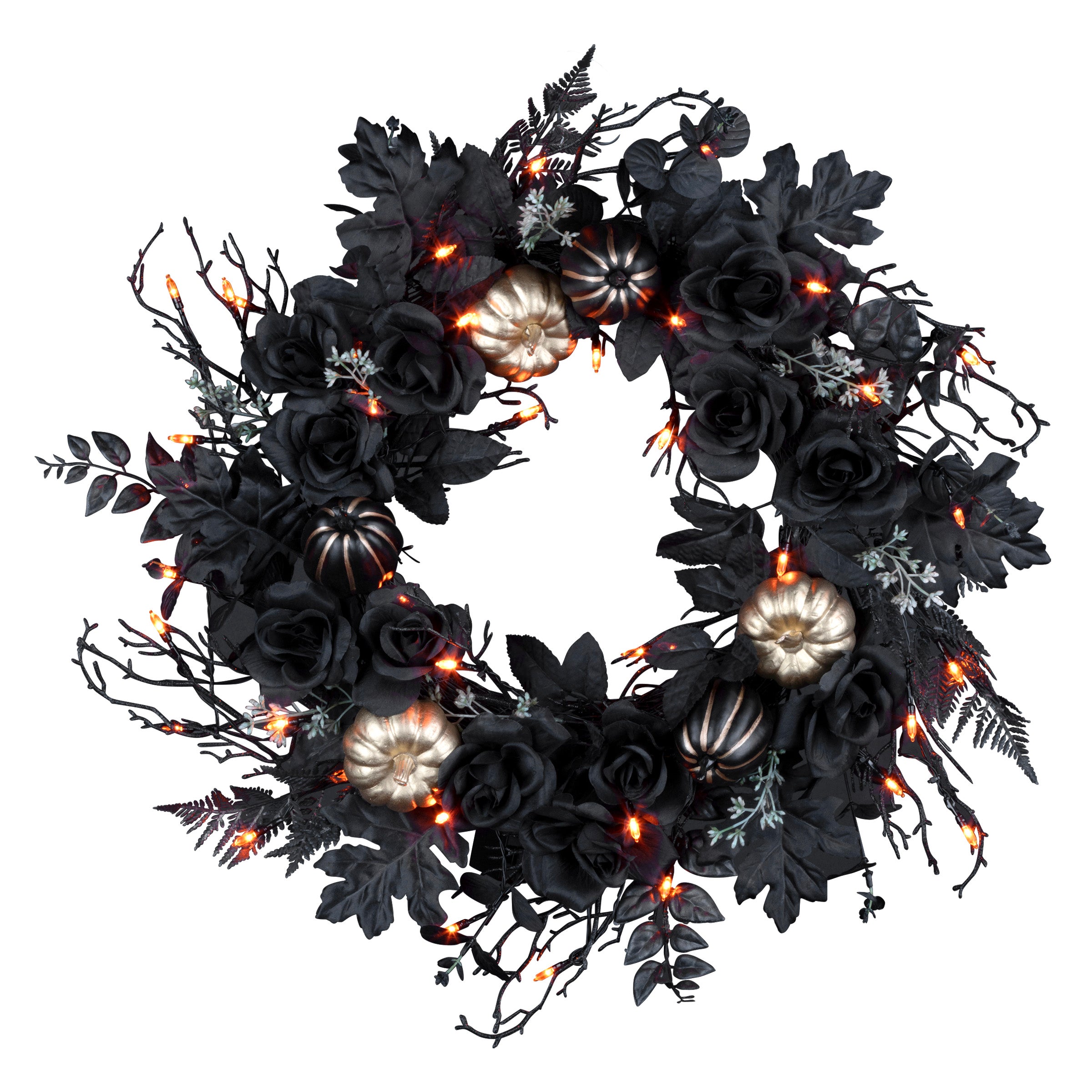 Halloween  24inch Artificial Chic Eek Black and Gold Wreath, 40 Orange LED Lights, Battery Operated