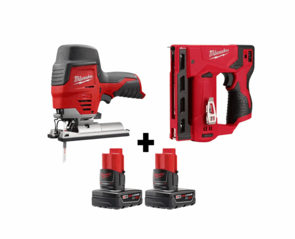 2445-20-2447-20-48-11-2412 M12 12V Lithium-Ion Cordless Jig Saw and Crown Stapler with two 3.0 Ah Batteries