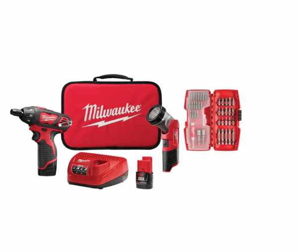 2482-22 M12 12-Volt Lithium-Ion Cordless 1/4 in. Hex Screwdriver/LED Worklight Kit with (2) 1.5Ah Batteries,Bit Set   Bag