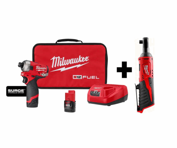 2551-22-2457-20 M12 FUEL SURGE 12V Lithium-Ion Brushless Cordless 1/4 in. Hex Impact Driver Compact Kit w/ M12 3/8 in. Ratchet