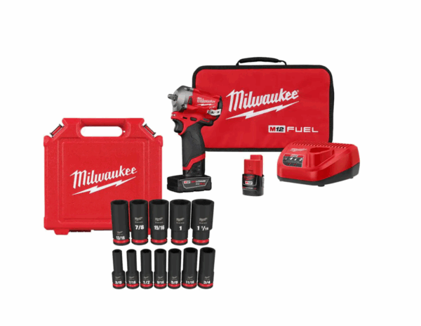 2555-22-49-66-7011 M12 FUEL 12V Cordless Brushless Stubby 1/2 in. Impact Wrench Kit with 1/2 in. Drive SAE Deep Socket Set (12-Piece)