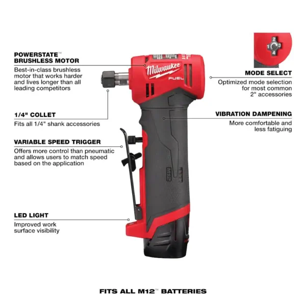 2485-22 M12 FUEL 12-Volt Lithium-Ion Brushless Cordless 1/4 in. Right Angle Die Grinder Kit w/ (2) 2.0Ah Batteries - Image 7