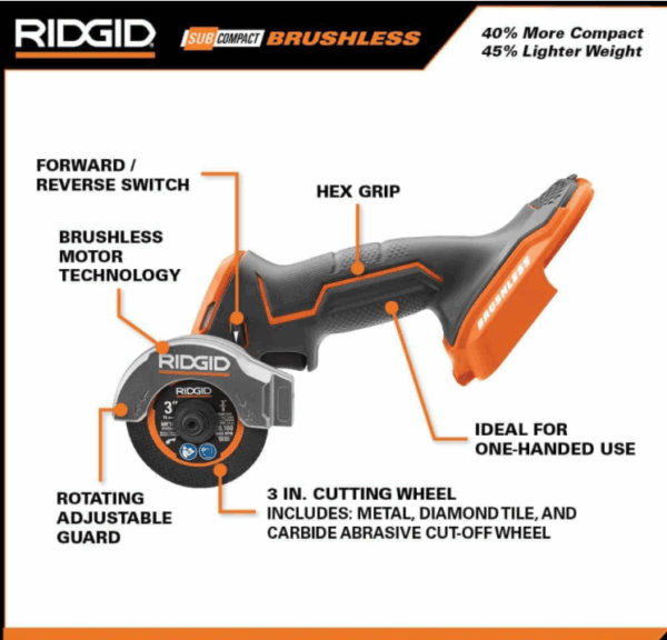 R87547B 18V SubCompact Brushless Cordless 3 in. Multi-Material Saw (Tool Only) with (3) Cutting Wheels - Image 2