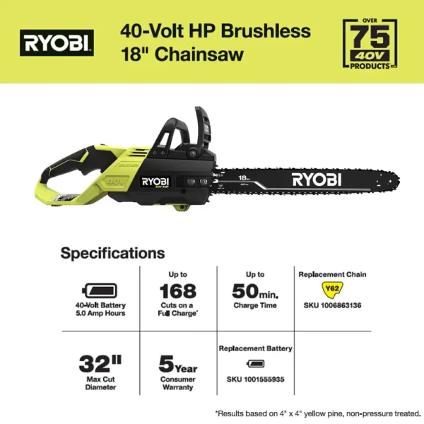 RY40580 40V HP Brushless 18 in. Cordless Battery Chainsaw with 5.0 Ah Battery and Charger - Image 8