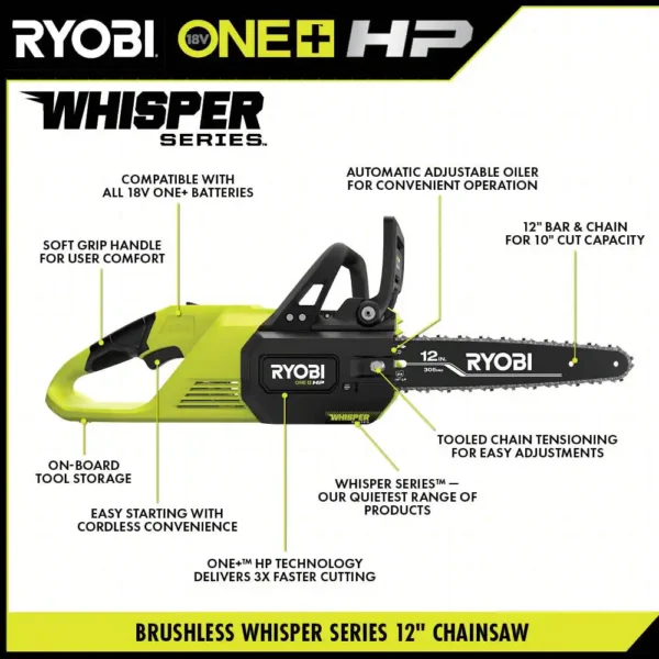P2507BTL  HP 18V Brushless Whisper Series 12 in. Cordless Battery Chainsaw (Tool Only) - Image 3