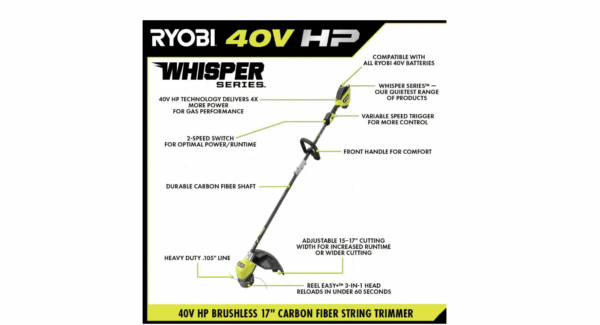 RY402110VNM 40V HP Brushless Whisper Series 17 in. Cordless Battery Carbon Fiber Shaft String Trimmer w/ 6.0 Ah Battery   Charger - Image 3