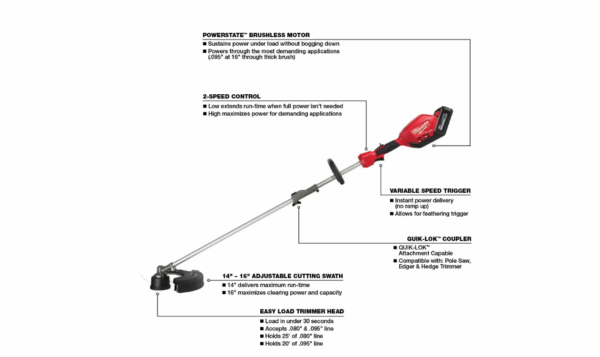 2825-21ST-49-16-2713 M18  18V Lithium-Ion Brushless Cordless String Trimmer with Quik-Lok Attachment Capability, 250 ft. Trimmer Line - Image 3