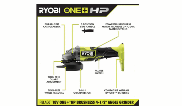 PBLAG01B ONE+ HP 18V Brushless Cordless 4-1/2 in. Angle Grinder (Tool Only) - Image 2
