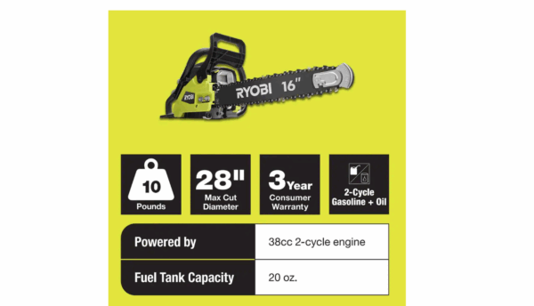 RY3716 16 in. 37cc 2-Cycle Gas Chainsaw with Heavy-Duty Case - Image 3