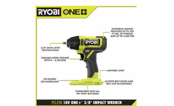 PCL250B ONE+ 18V Cordless 3/8 in. Impact Wrench (Tool Only) - Image 2