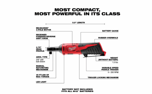 2457-20 M12 12-Volt Lithium-Ion Cordless 3/8 in. Ratchet (Tool-Only) - Image 2