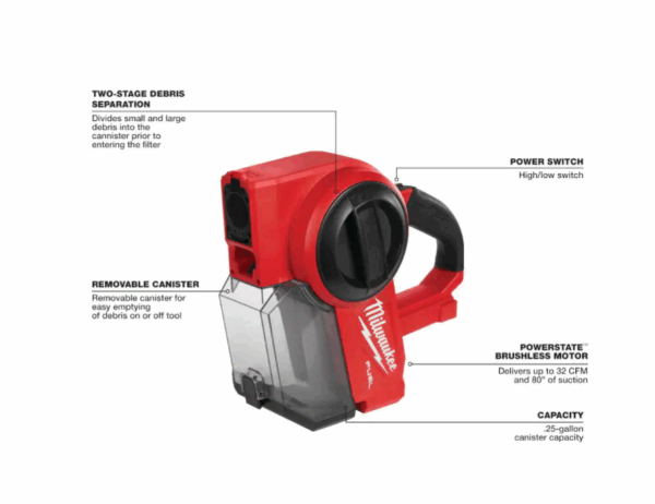 0940-20 M18 FUEL 18-Volt Lithium-Ion Brushless .25 Gal. Cordless Jobsite Vacuum with 5.0 Ah Battery and Charger - Image 4