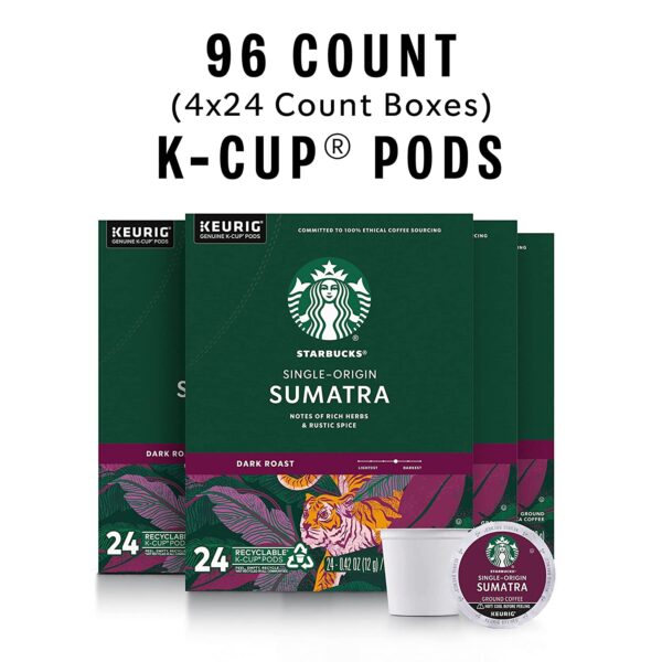 Starbucks K-Cup Coffee Pods, Dark Roast Coffee, Sumatra for Keurig Brewers 100% Arabica, 4 boxes (96 pods total) - Image 2