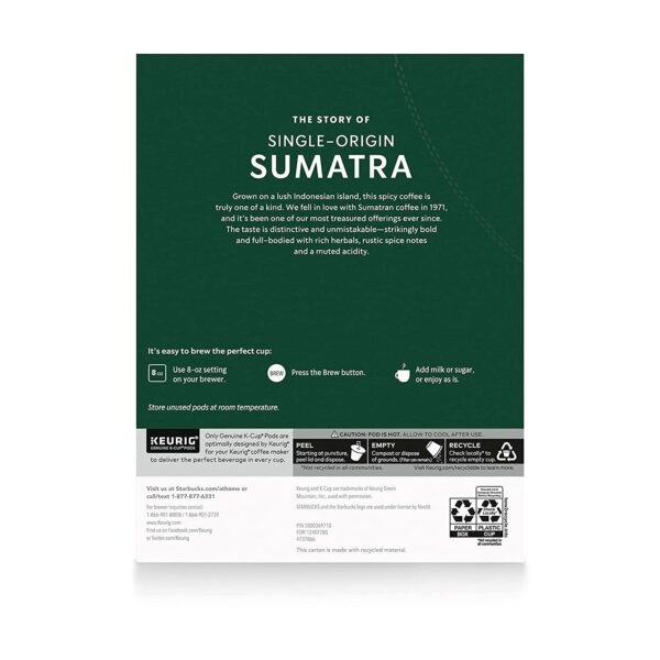Starbucks K-Cup Coffee Pods, Dark Roast Coffee, Sumatra for Keurig Brewers 100% Arabica, 4 boxes (96 pods total) - Image 7