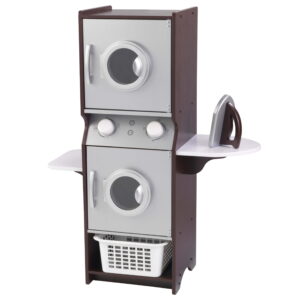 Wooden Laundry Play Set, Stacking Washer and Dryer with Iron and Basket, Espresso