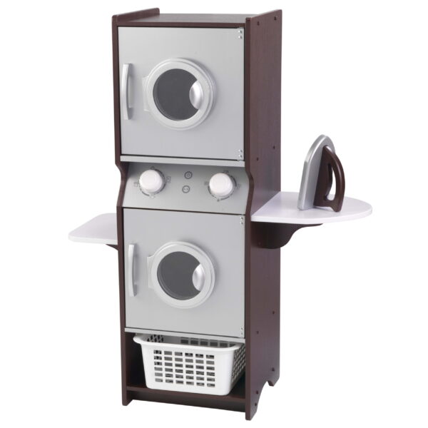 Wooden Laundry Play Set, Stacking Washer and Dryer with Iron and Basket, Espresso