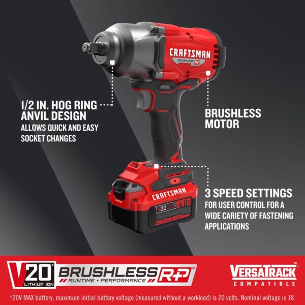 V20 1/2 in. Cordless Brushless Impact Wrench w/Hog Ring Kit (Battery   Charger) - Image 5