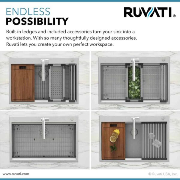Ruvati RVH8003 Drop-In Stainless Steel 33 in. Workstation Ledge Topmount Kitchen Sink 16-Gauge Single Bowl - Image 9