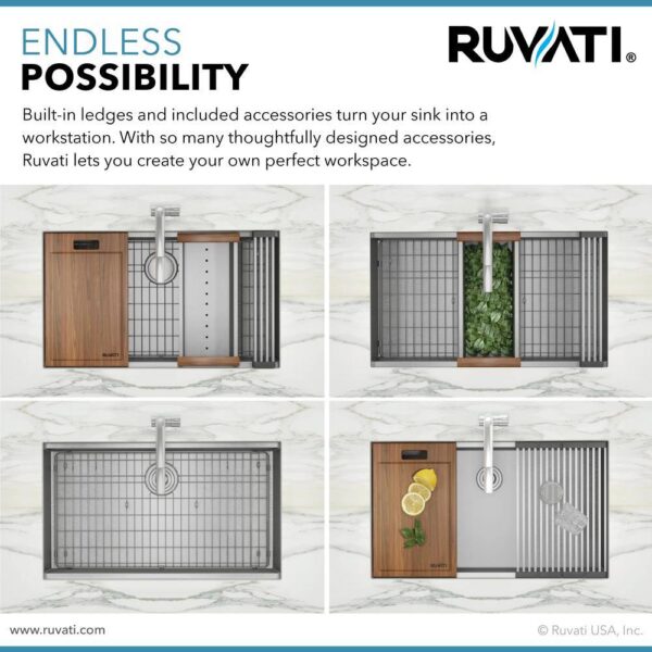 Ruvati 1002708069 32 in. Single Bowl Undermount 16-Gauge Stainless Steel Ledge Kitchen Sink with Sliding Accessories - Image 5