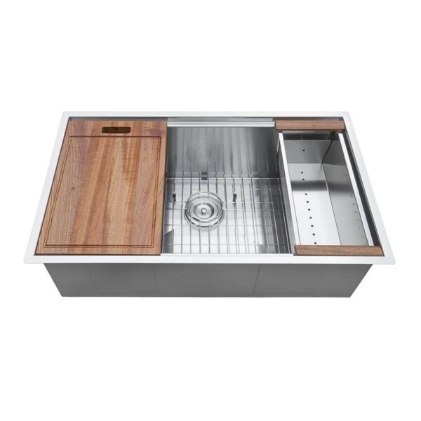 Ruvati 1002708069 32 in. Single Bowl Undermount 16-Gauge Stainless Steel Ledge Kitchen Sink with Sliding Accessories - Image 11