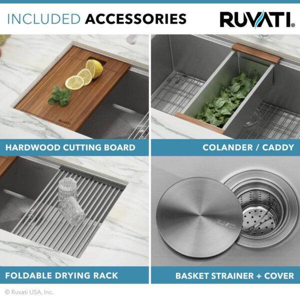 Ruvati 1002708069 32 in. Single Bowl Undermount 16-Gauge Stainless Steel Ledge Kitchen Sink with Sliding Accessories - Image 9