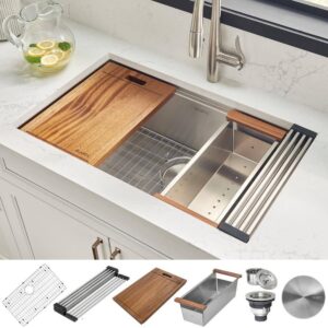 Ruvati 1002708069 32 in. Single Bowl Undermount 16-Gauge Stainless Steel Ledge Kitchen Sink with Sliding Accessories