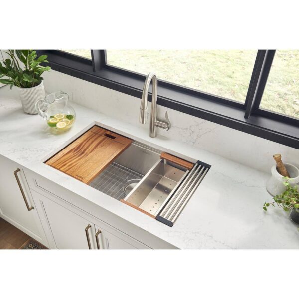 Ruvati 1002708069 32 in. Single Bowl Undermount 16-Gauge Stainless Steel Ledge Kitchen Sink with Sliding Accessories - Image 6