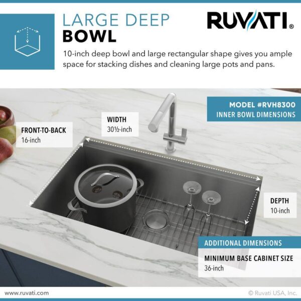 Ruvati 1002708069 32 in. Single Bowl Undermount 16-Gauge Stainless Steel Ledge Kitchen Sink with Sliding Accessories - Image 13