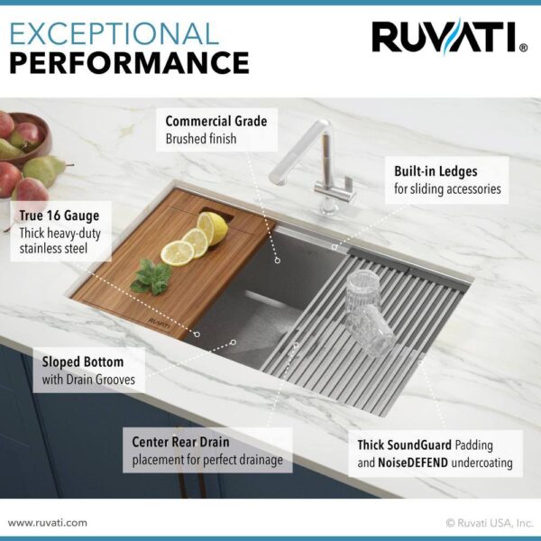 Ruvati 1002708069 32 in. Single Bowl Undermount 16-Gauge Stainless Steel Ledge Kitchen Sink with Sliding Accessories - Image 4