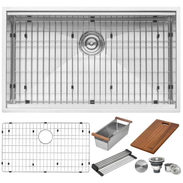 Ruvati 1002708069 32 in. Single Bowl Undermount 16-Gauge Stainless Steel Ledge Kitchen Sink with Sliding Accessories - Image 12
