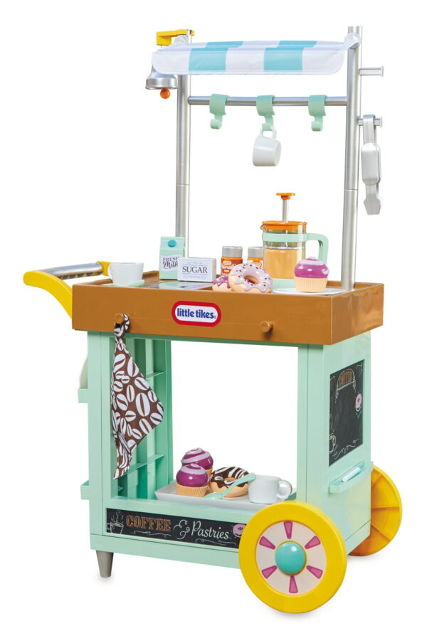 2-in-1 Café Cart Pretend Food Cooking Toy Role Play Kitchen Playset for Multiple Kids and Toddlers