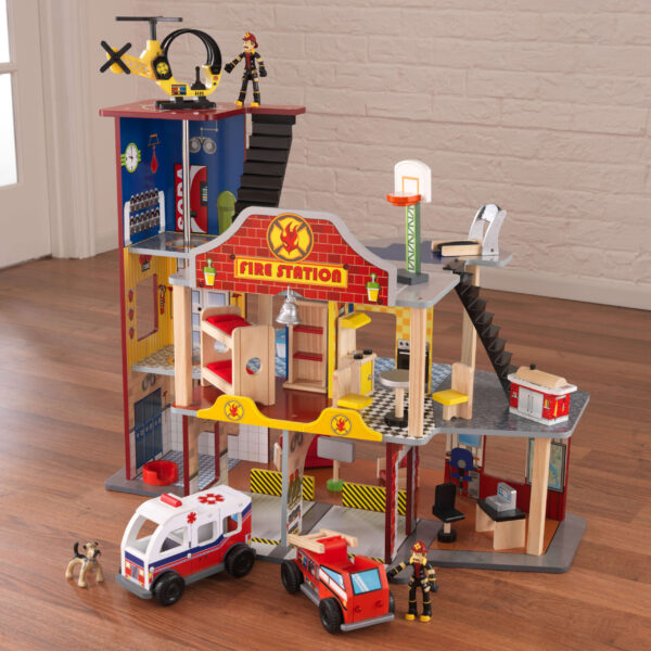 Deluxe Wood Rescue Play Set with Ambulance, Fire Truck, Helicopter   27 Pieces - Image 3