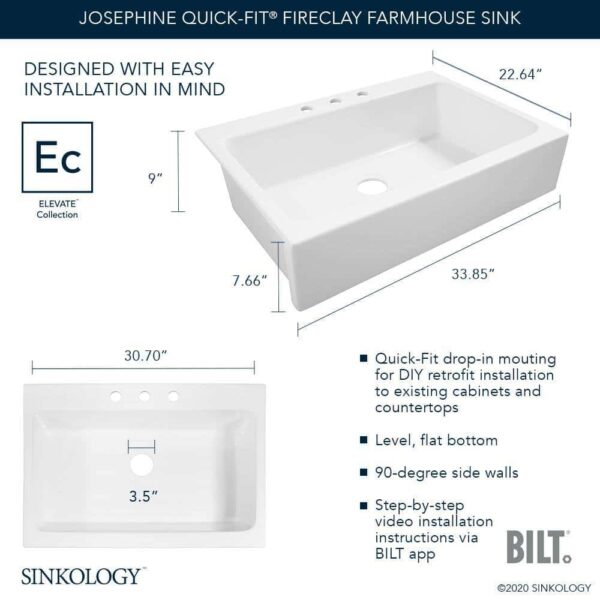SINKOLOGY Josephine 34 in. 3-Hole Quick-Fit Farmhouse Apron Front Drop-in Single Bowl Crisp White Fireclay Kitchen Sink - Image 2