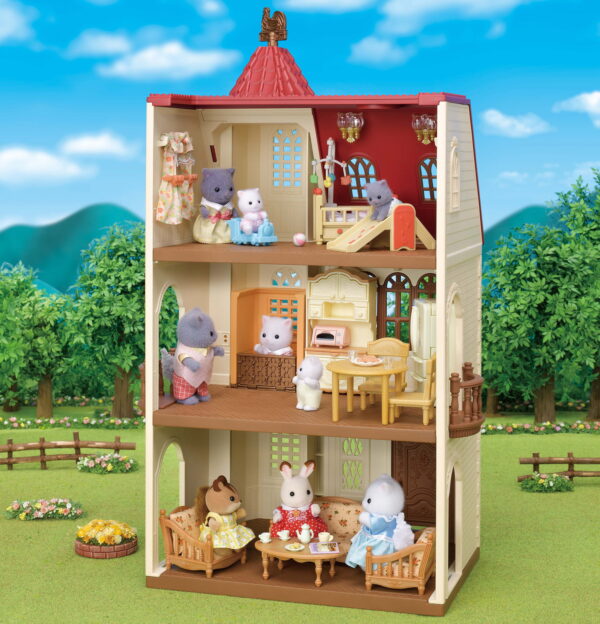 Red Roof Tower Home, 3 Story Dollhouse Playset with Figure, Furniture and Accessories - Image 4